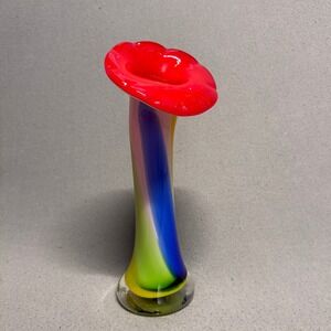 Art Glass Calla Lily Style Vase Red Blue Yellow Green Hand Blown